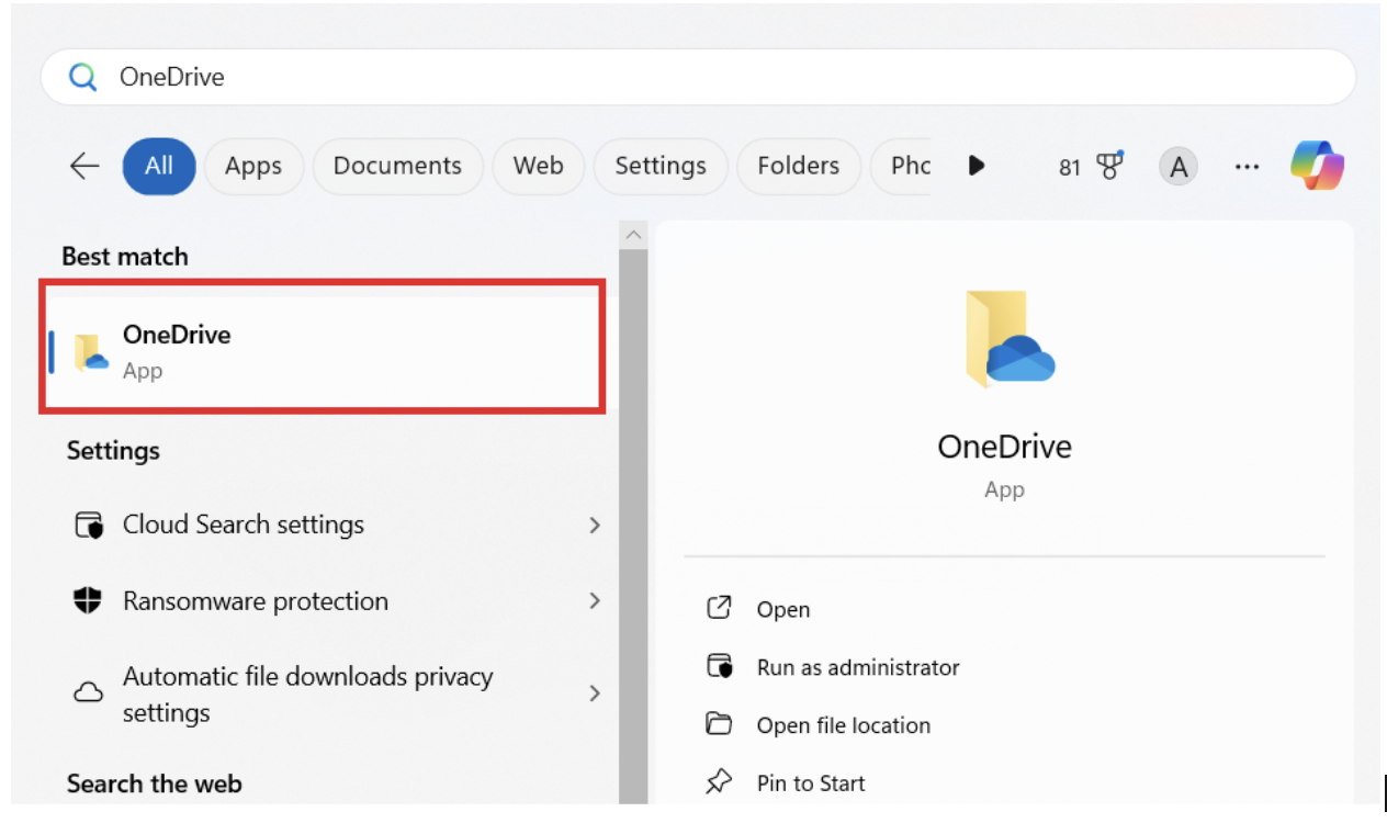 Type OneDrive in the search bar and click on the app to open it